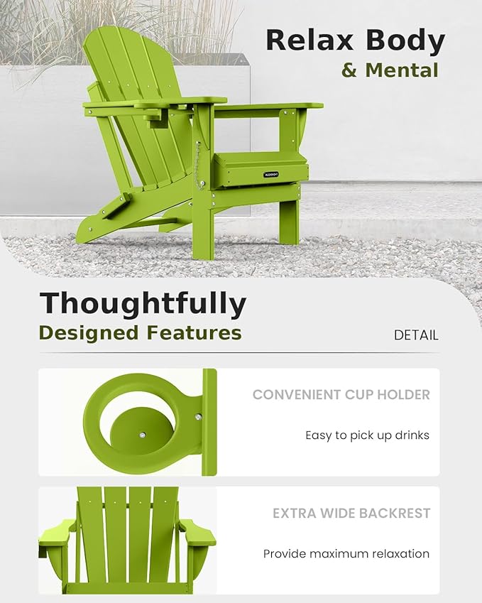 MUCHENGHY Folding Adirondack Chairs Set of 4, Patio Chairs, Lawn Chairs, Outdoor Chair, Adirondack Chair Plastic, Fire Pit, Weather Resistant with Cup Holder for Deck, Backyard, Garden(Lemon Green)