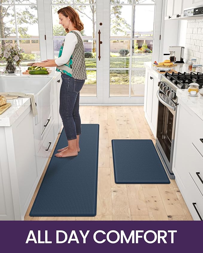 DEXI Kitchen Floor Mats Cushioned Anti Fatigue,17x29+17x59, Standing Runner Rug Waterproof, Comfort Memory Foam Padded for Front Sink Laundry Set of 2, Navy