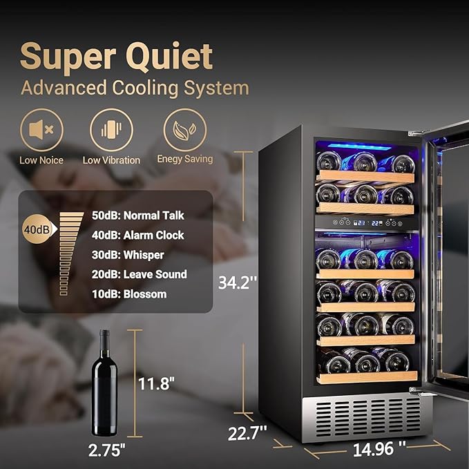 AAOBOSI 15 Inch Wine Cooler Refrigerator, 28 Bottles Dual Zone Wine Fridge with Double-Layer Glass Door and Temperature Memory Function,Built-in or Freestanding
