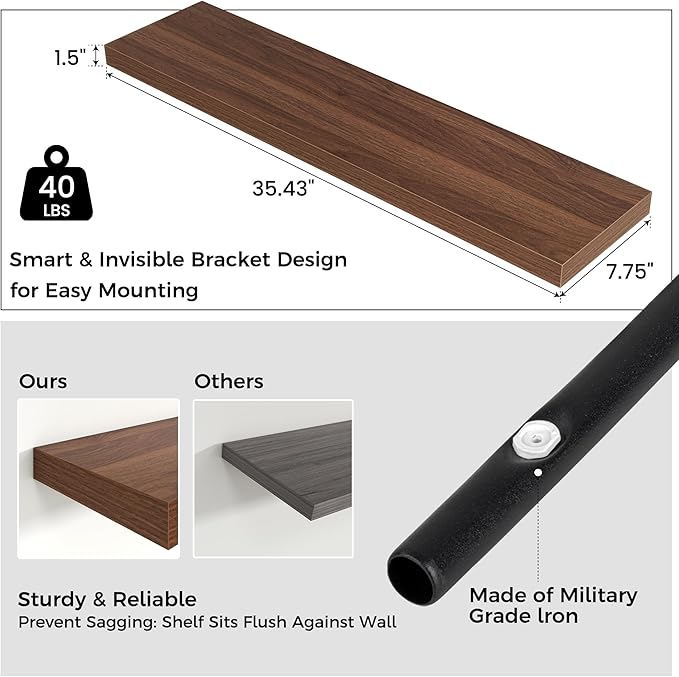 Floating Shelves for Wall 36"W x 7.8"D x 1.5"H, Engineered Wood Wall Shelves with Invisible Brackets for Living Room Bedroom Bathroom Office Kitchen Decor and Storage, Walnut Finish, Set of 2