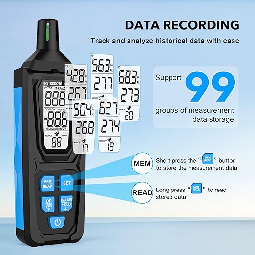Temperature Humidity Meter, High Precision Digital Psychrometer Hygrometer with Dew Point, Wet Bulb Thermometer for Indoor Outdoor, 99 Data Storage, Temp Alarm, Backlight, MAX/MIN, Auto Shutdown
