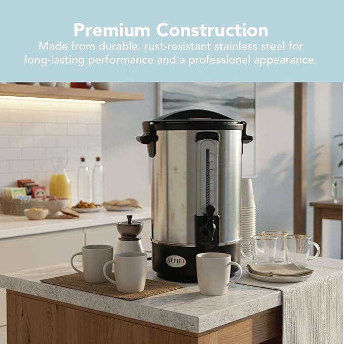 ALPHA LIVING 100 Cups Electric Coffee Urn – Stainless Steel Large Capacity Electric Kettle Percolator Coffee Pot – Ideal Hot Beverage Dispenser for Catering, Hotels, Restaurants –Leak-Proof Tap