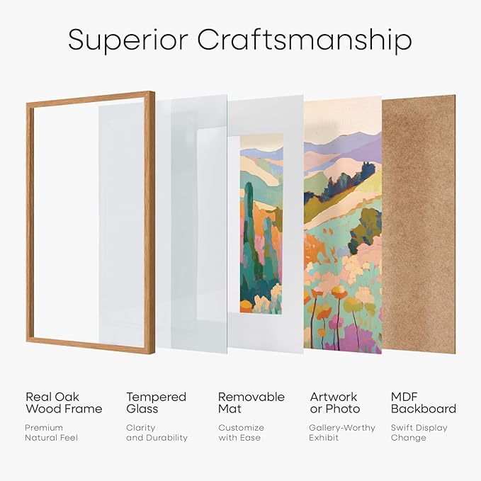 Homeforia 12x18 Picture Frame Wood, High End Natural Oak 12x18 Light Wooden Poster Frame with Mat 8.5x11, 12 x 18 Frames Matted to 8.5 by 11 Photo, 18x12 Thin Frame, Tempered Glass, Wall Kit, Set of 2