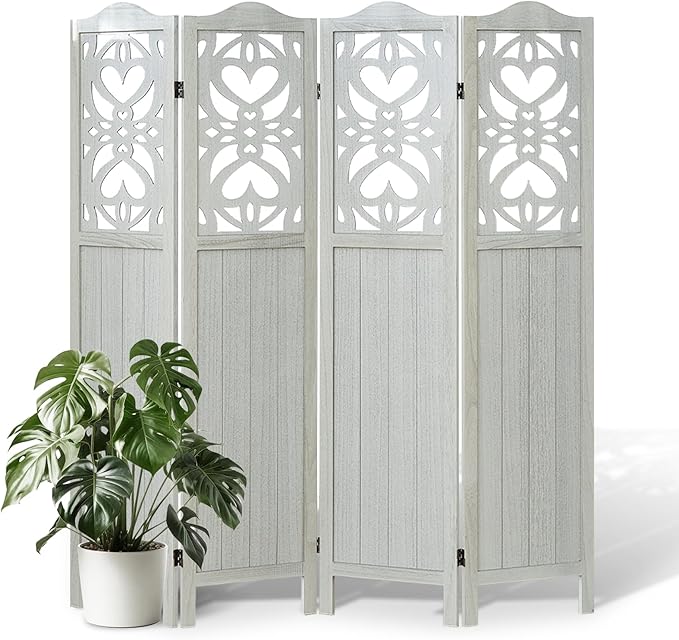 4 Panel Room Divider 5.6FT Wood Carved Room Divider Folding Privacy Screen with Double Hinges, Free Assembled Portable Partition Screen Divider for Room Separation Home Office - Retro White