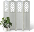 4 Panel Room Divider 5.6FT Wood Carved Room Divider Folding Privacy Screen with Double Hinges, Free Assembled Portable Partition Screen Divider for Room Separation Home Office - Retro White