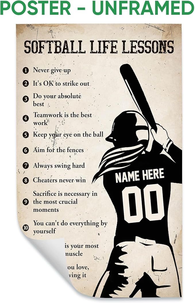 Custom Softball Life Lessons Sports Motivational Gift For Girl Personalized Name Number Poster & Framed Canvas, Wall Art Home Office Decoration Living Room Bedroom Aesthetic Decor