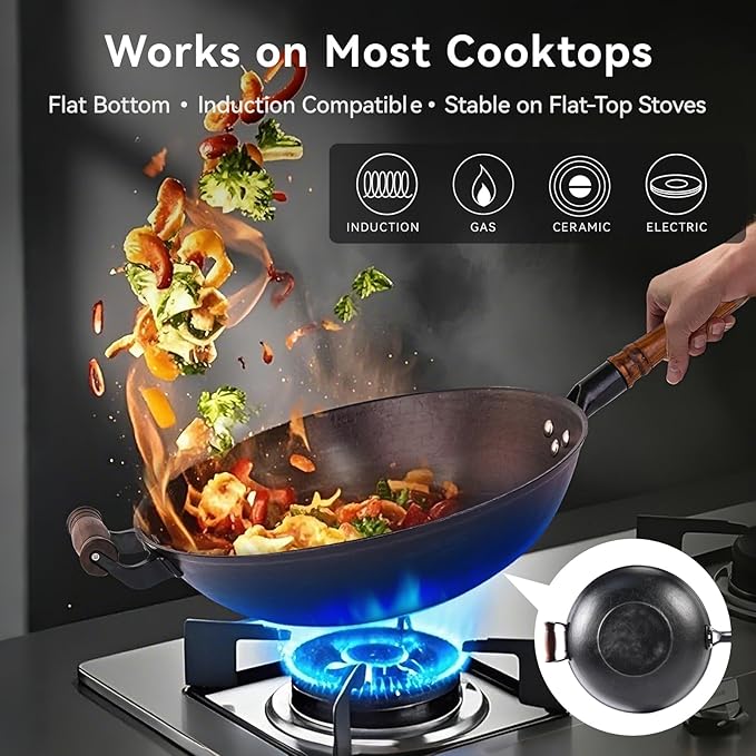 WANGYUANJI 14.2 Inch Cast Iron Wok with Wooden Lid & Handle, Flat Bottom Stir Fry Wok Pan, Turtle-Pattern Textured Uncoated Large Wok Skillet for Induction, Gas & Electric (Seasoning Required)