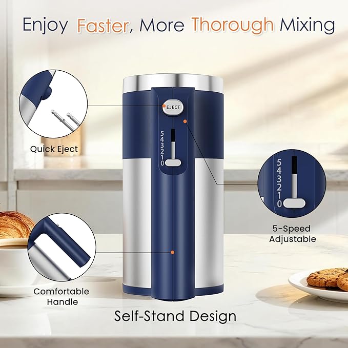 Powerful 600W Hand Mixer, 5-Speed Electric Hand Held Mixer for Baking, Lightweight Stainless Steel Hand Beaters *2 & Dough Hooks*2 with Eject Button, Kitchen Mixer for Cream, Cookies, Dough-Blue