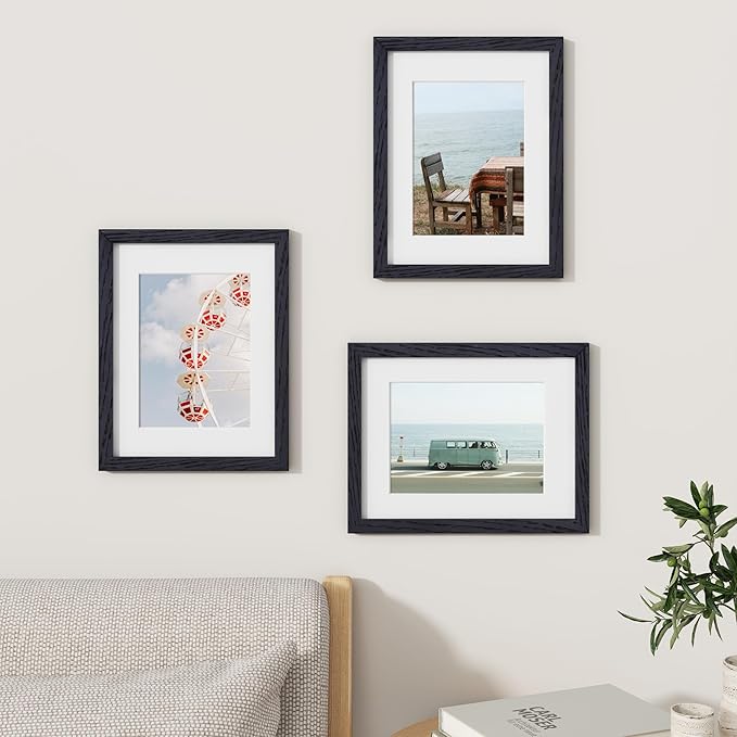 Fun Memories Solid Oak Wood Frame 8.5x11 With Real Glass - Display Poster 6x8 With Mat or 8.5x11 Without Mat - Wall Display Photo Frames, Black Color, 3 Pack