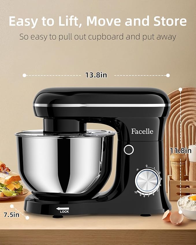 Tilt-Head Stand Mixer, 5QT+6QT Stainless Steel Two Bowls, 10 Speeds Kitchen Electric Food Mixer with Egg Whisk, Dough Hook, Beater, Dishwasher-Safe Attachment, Ideal Gift for Mom (Black)