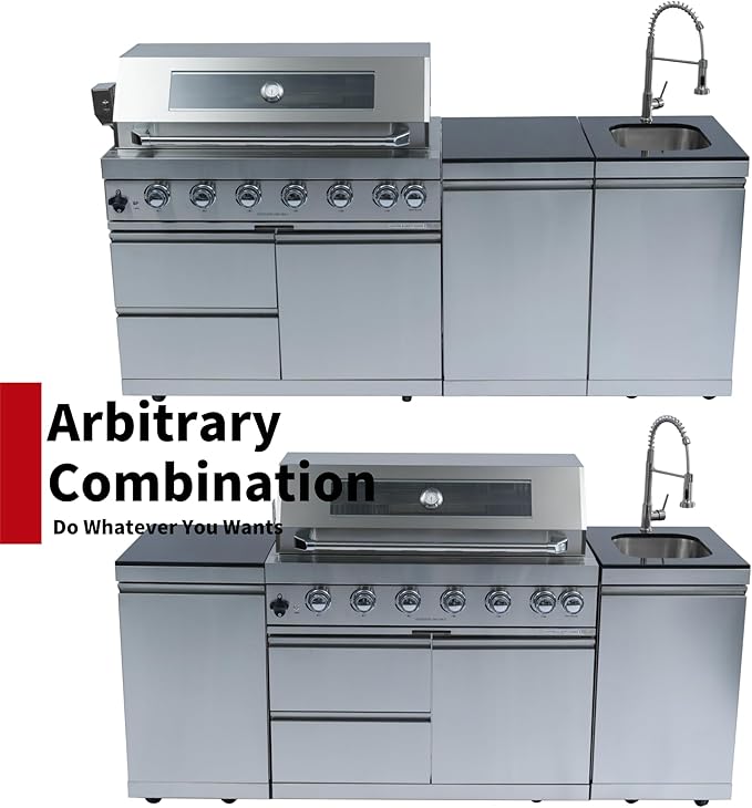 82 Inches 6 Burner Propane Gas Grill Outdoor Kitchen Island, 85,000 BTU Deluxe Stainless Steel Modular Outdoor Kitchen, Sink, Storage Cabinets & Drawers, BBQ Island for Patio Backyard