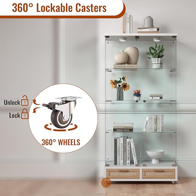 Yoluckea 4 Tier Glass Display Cabinet with LED Lighting and 2 Drawers, 2 Doors Floor Standing Curio Cabinet with Wheel for Home, Office, Corner Display, White Glass Bookshelf for Collections and Decor