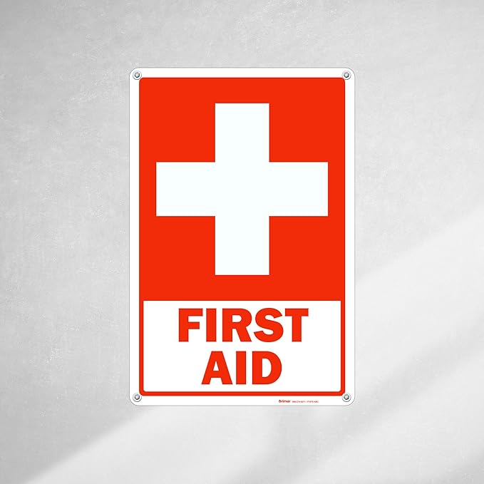 Brimar - 12 x 18" - First Aid Sign - .063″ White Rust-Free Aluminum - Clear Message - Large Size