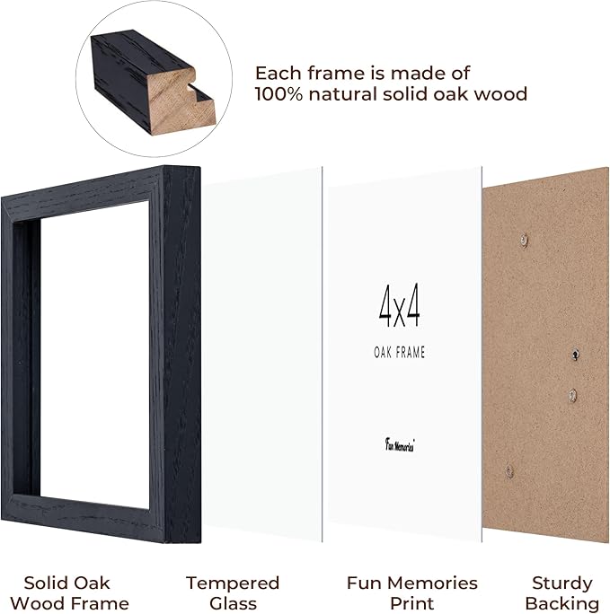 Fun Memories 4x4 Picture Frame, Solid White Oak Wood Frame 4 by 4, 4 x 4 Square Photo Frame with Tempered Real Glass, Rustic Wooden Frame 4"x4" for Wall & Tabletop Display, Black Color, Set of 2
