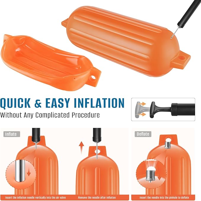 8.5 x 27 Inches Twin Eyes Ribbed Boat Fenders 4 Pack Boat Fenders Bumpers with Lines and Pump to Inflate for Docking