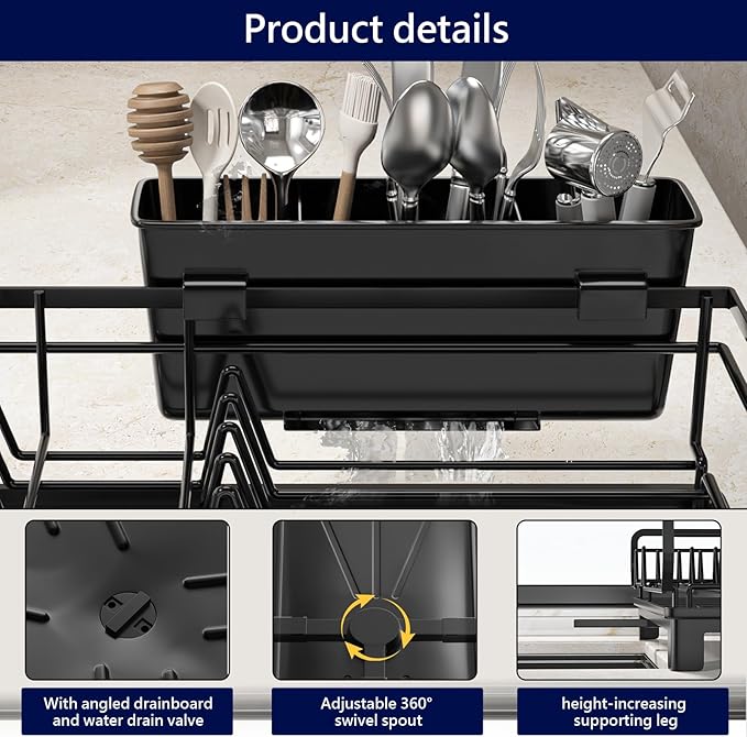 MIKEE Small Dish Drying Rack for Kitchen Counter, Expandable Rustproof Dish Drainer - Over The Sink Dish Drying Rack with 360° Rotating Drain, Kitchen Utensil Holder, Home and Kitchen Organization