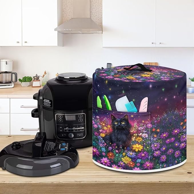 Xoenoiee Black Cat Colorful Daisy Pattern Pressure Cooker Cover Kitchen Appliance Dust Cover with Pockets for Rice Cooker Air Fryer Slow Cooker, for 6 Qt Pot