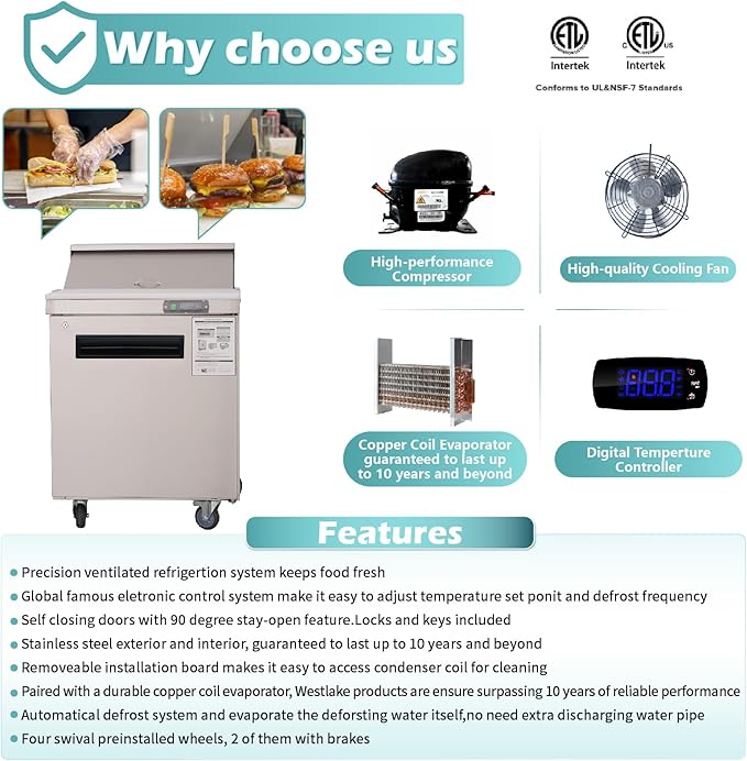 WESTLAKE 27" W Refrigerator Sandwich & Salad Prep Table Commercial Stainless Steel Counter Fan Cooling Refrigerator with 8 Pans-27 Inches for Restaurant, Bar, Shop, etc