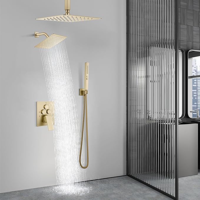 Aolemi Shower Faucet Set Ceiling Mount Shower System Rough-in Valve and Shower Trim Kit 2 in 1 Handheld Spray Push Button Diverter 12 and 6 Inch Dual Shower Head Brushed Gold