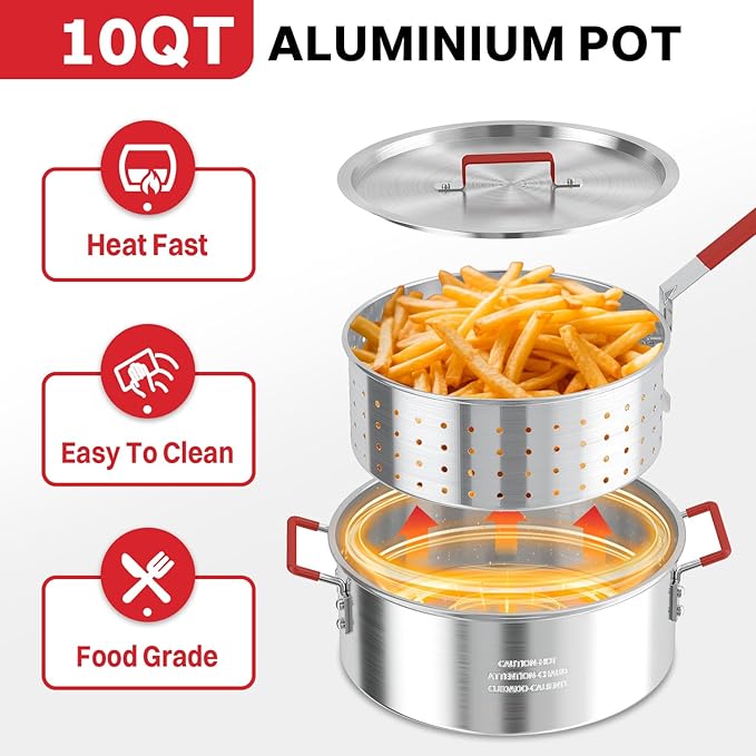 10QT Fish Fryer Pot with Lid | 9inch Fryer Tong | 8QT Basket | 6inch Thermometer | 50,000 BTU Propane Burner | Outdoor Deep Fryer | Ideal for Frying Fish | French Fries | Chicken Wings