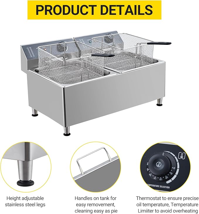 11L Electric Deep Fryer, 1700W Dual Basket Max/Min Oil Mark & Drain Valve, Heavy Duty for Fried Chicken French Fries