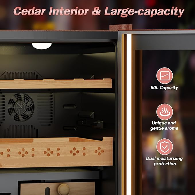 Electric Humidor with Leather-50L Cooling & Heating Humidor, Smart Touch Control Humidity & Temp, Humidors wtih Spanish Cedar Wood Tray, Digital Display, Safety Lock, Desktop Gift for Men