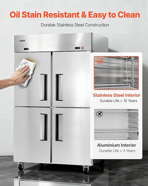 VEVOR Commercial Refrigerator and Freezer Combo 48" W, 31 Cu.Ft Stainless Steel Upright Freezer/Refrigerator with 4 Doors, Auto-Defrost, 6 Adjustable Shelves, UL Certified