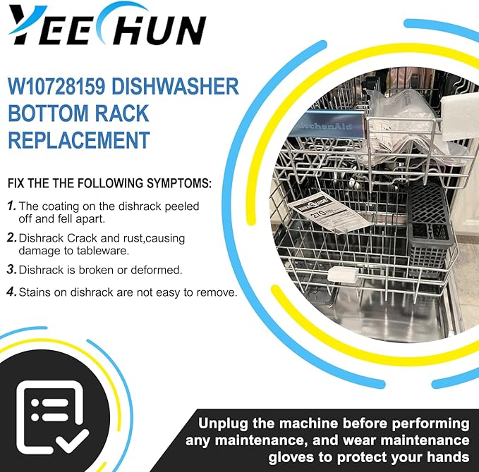 2025 UPGRADED W10728159 Dishwasher Lower Rack Replacement W10525646,Compatible with Kitchenaid Kenmore Whirlpool Maytag Dishwasher Bottom Rack Parts KDFE104DSS4/KDTE104ESS4,Comes 4pcs WP3376961 Roller