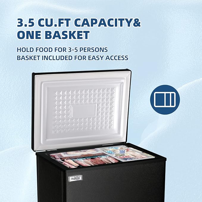 WANAI Chest Freezer 3.5 Cu.Ft Small Deep Top Door Mini with Removable Basket, Low Noise, 7 Adjustable Temperature and Energy Saving Perfect for Home Garage Basement Dorm or Apartment Black