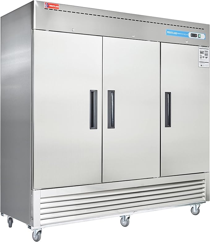 WESTLAKE 82" W Commercial Refrigerator 3 door 3 Section Stainless Steel Reach in Solid door Upright Fan Cooling 72 Cu.ft Cooler for Restuarant, Bar, Shop, etc