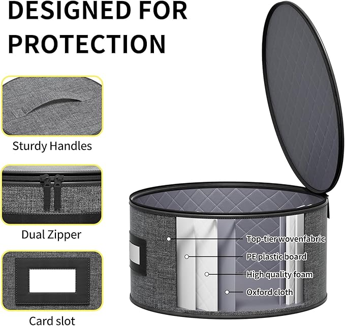Aokeyee 4-Piece Plate Storage Box, Hard Shell Storage Containers with 48 Soft Dividers for Saucer, Dessert, Salad & Dinner Plates, Sturdy Quilted Stackable Dish Organizer for Moving & Protection, Grey