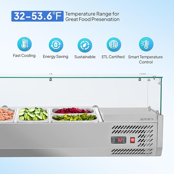ROVSUN 47" Refrigerated Condiment Prep Station Sandwich Prep Table ETL NSF, 25.1QT Salad Bar Prep Rail w/Auto Defrost Temp Control Glass Shield 3 1/3 Pan & 2 1/4 Pan for Restaurant Food Truck