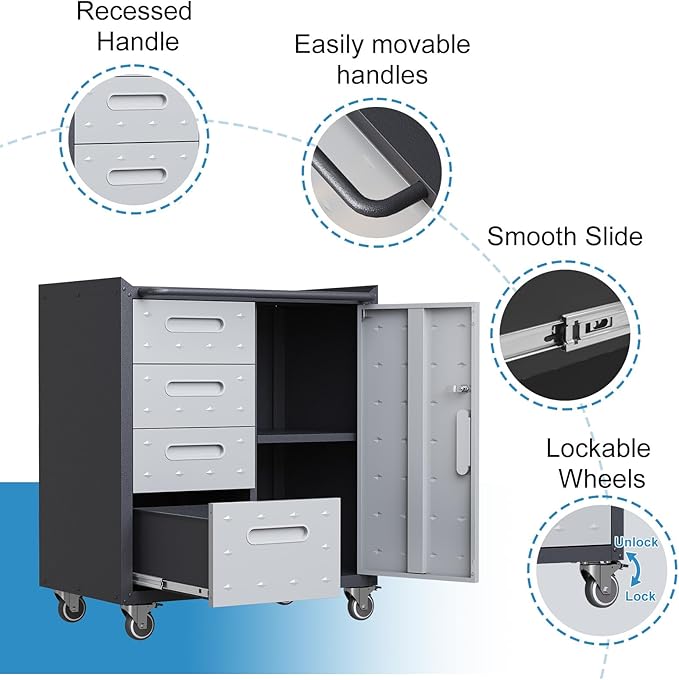 Metal Storage Cabinet with Drawers Heavy Duty Steel Rolling Tool Cabinets on Wheels Garage Storage Cabinet Mobile Locking Tool Carts for Kitchen Basement Garage Warehouse, Assembly Required