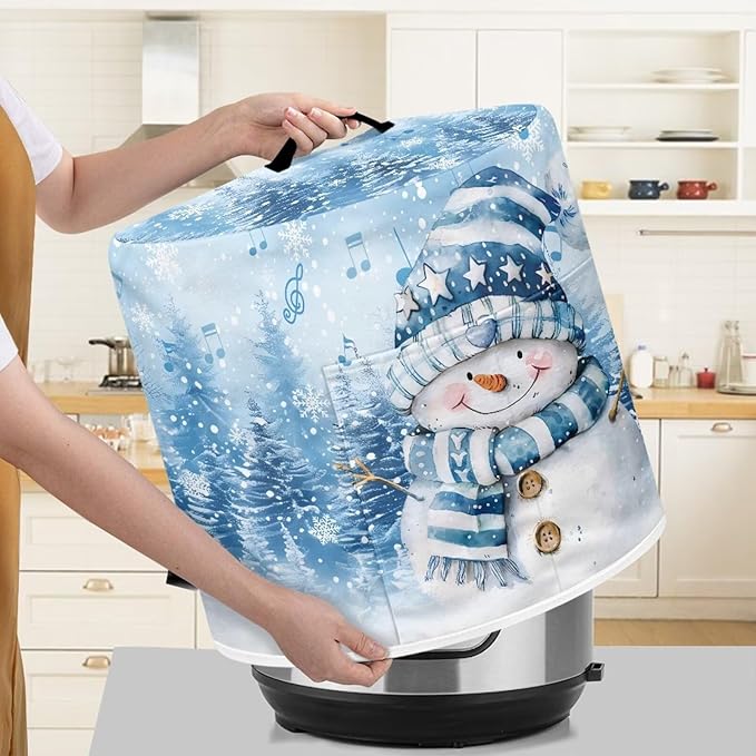 Christmas Theme Kitchen Appliance Dust Cover 3 Quart Pressure Cooker/Air Fryer/Rice Cooker Cover with Top Handle and Storage Pocker, Cute Snowman Blue