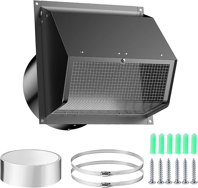 6 Inch Hooded Wall Vent with Screen and Damper,Wall Exhaust Vent Cover Cap,Dryer Vent Cover Outside,External Extractor Wall Vent Hood for House Kitchen Range Hood Air Ventilation Black
