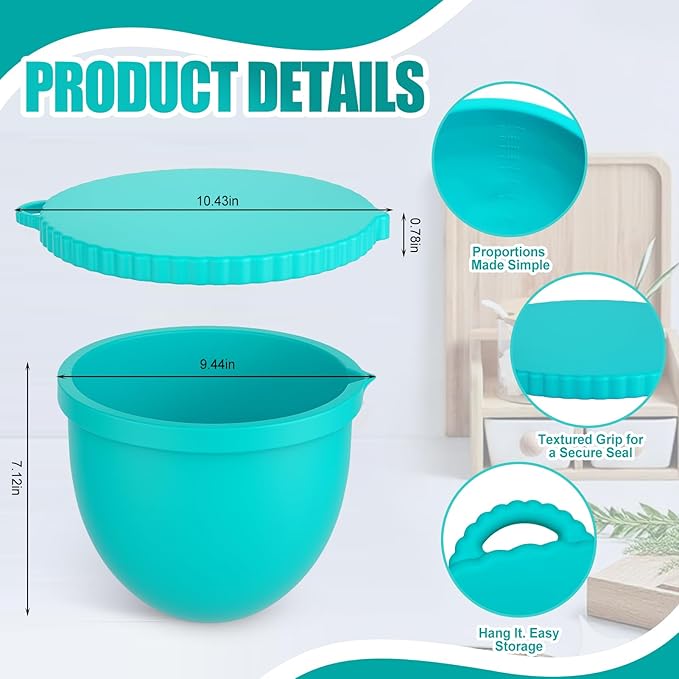 Upgraded 4.5-5QT Silicone Bowl Liners for KitchenAid Mixer, Thick Design with Pour Spout, Measurement Marks & Hanging Holes for Easy Storage, 3-Pack with Lids, No-Spill & Space-Saving