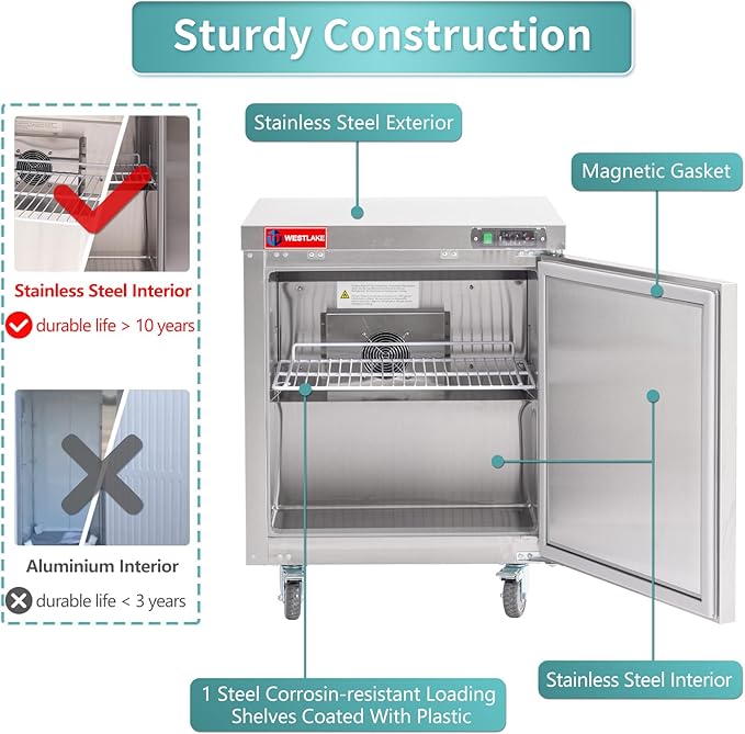 WESTLAKE 28" W Commercial Freezer Worktop Undercounter Freezer 6.4 Cu.ft Single Door Stainless Steel Counter Fan Cooling Freezer Food Prep Station for Restaurant, Bar