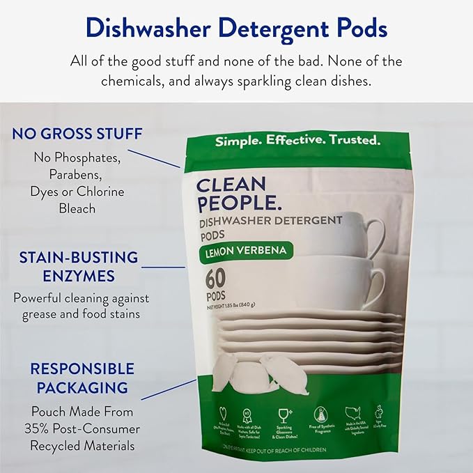 The Clean People Dishwasher Pods - Cuts Grease & Rinses Sparkling Clean - Residue-Free - Phosphate Free Dishwashing Pods - Lemon, 30 Pack
