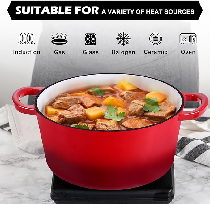 TeamFar 5Qt Dutch Oven, Enameled Cast Iron Dutch Oven with Lid & Dual Handles for Cooking Baking Braising Simmering, Healthy & Sturdy, Oven & Various Stovetops Safe, Non-stick & Easy Clean - Red