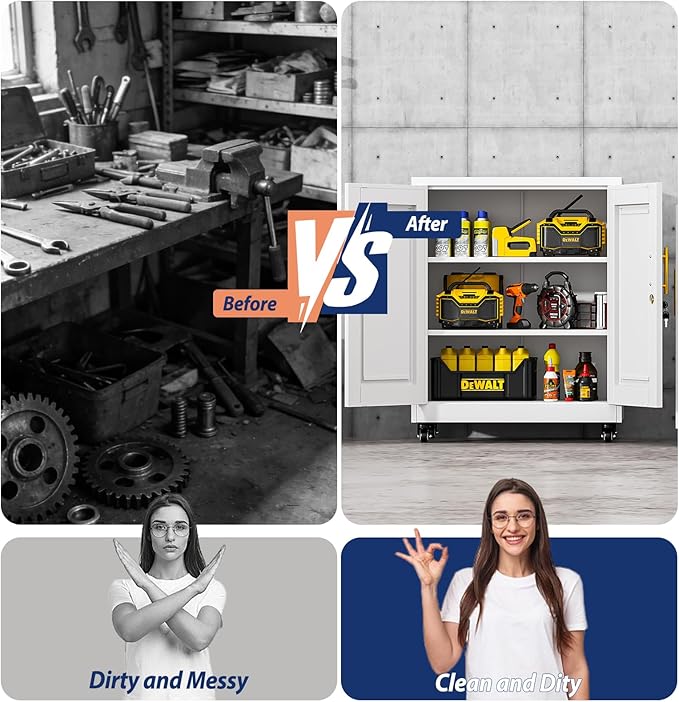 Metal Storage Cabinet-35” Tall Steel File Cabinets with Lockable Doors and Adjustable Shelves, Steel Tool Cabinet with Wheel for Home, School, Office, Garage White