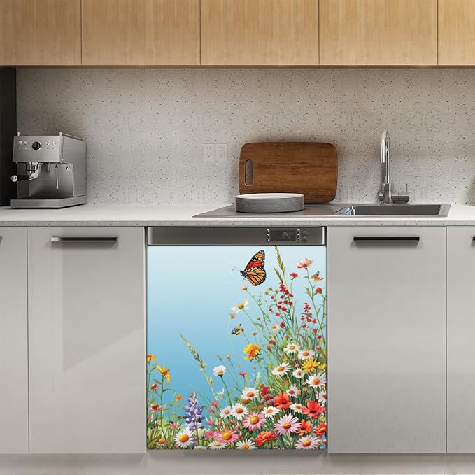 Dishwasher Magnet Cover Flower Red Beautiful Dishwasher Decorative Cover Front Dishwasher Door Cover Reuseable Dishwasher Cover Panel Decal for Kitchen Refrigerator Home Appliances 23" X 26"