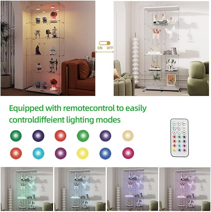 Glass Display Cabinet with LED, 5 Shelves with 2 Doors, Curio Storage Cabinets with Lock for Living Room, Office, Floor Standing Glass Bookshelf, Quick Installation - White