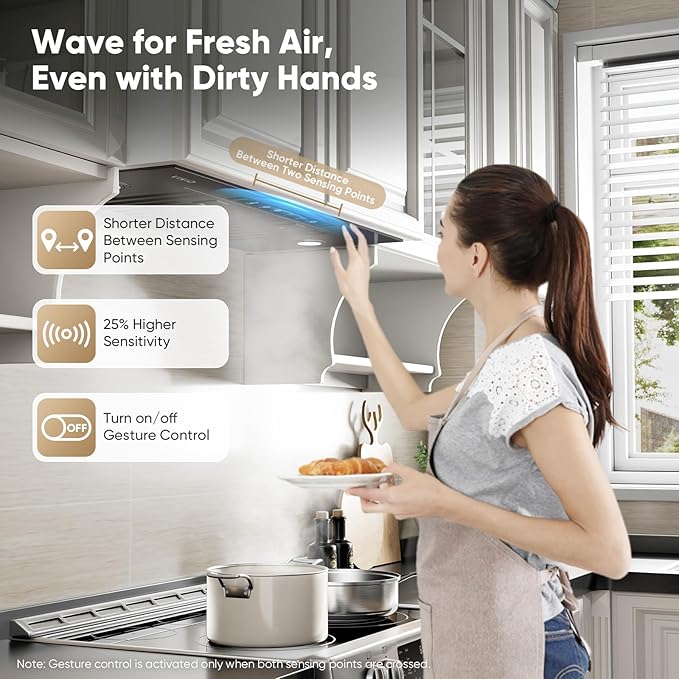 36 inch Built-in/Insert Range Hood 980 CFM, Ducted/Ductless Convertible Duct Stainless Steel Kitchen Vent Hood with 4 Speed Gesture Sensing& Touch Control Panel, Black