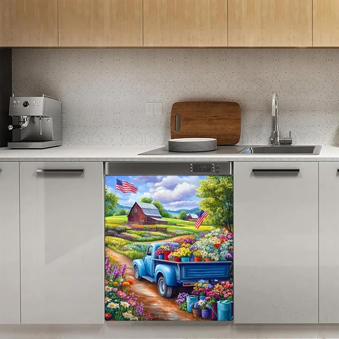 Garden Flower Flag Dishwasher Magnet Cover for The Front Dishwasher Door Cover Panel Decals Magnetic Refrigerator Cover for Kitchen Farmhouse Home Decor 23 X 26 in