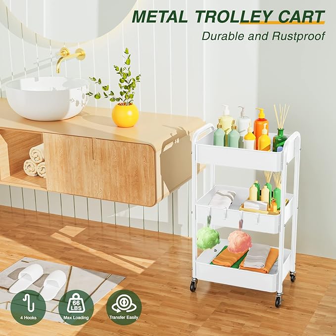 LEHOM 3 Tier Rolling Storage Cart, Metal Trolley Utility Cart with Wheels & Hooks, Easy Assembly Organizer Storage Cart for Bathroom Kitchen Office Bedroom