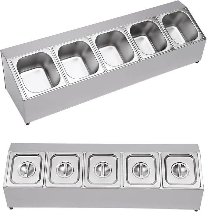 Pizza Toppings Station Storage Condiment Organizer Divider Food Container with 5 Pans & Lids, Stainless Steel Kitchen Condiment Divider Pizza Prep Ingredients Holder, Grill Table Serving Tray