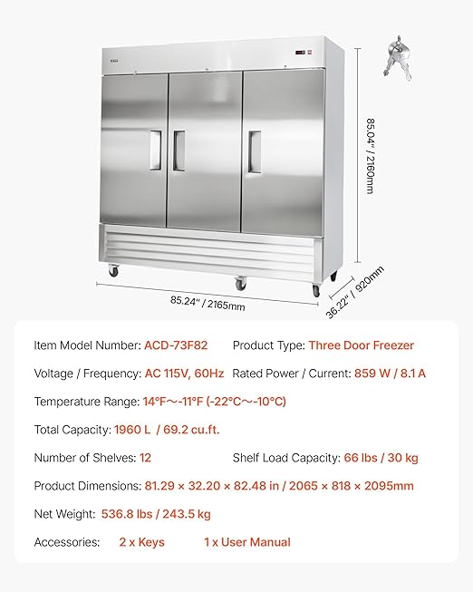 VEVOR Commercial Reach-In Freezer 85" W, 69 Cu.Ft Stainless Steel Upright Freezer with Three Doors, Auto-Defrost, 12 Adjustable Shelves, -11 to 14℉ Temp Control, ETL Certified