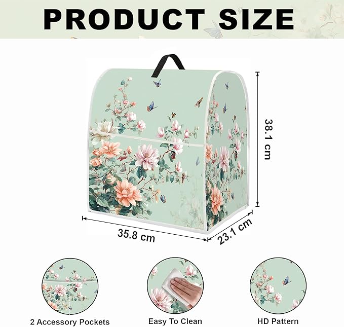Stand mixer cover with handle and storage bag, reusable and washable, stylish retro floral design, keeps kitchen countertops clean and tidy (fits 6-8 quart mixers).
