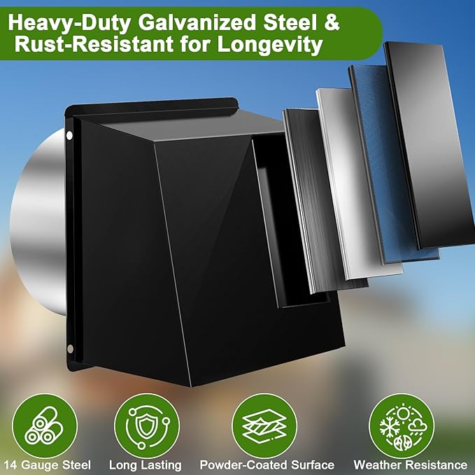 6 Inch Hooded Wall Vent, Dryer Wall Vent Cover Outside with Screen and Damper, Wall Exhaust Vent Cover, Outdoor Air Vent Cap for Range Hoods/Kitchen/Bathroom/Laundry/Basements/Garages, Black