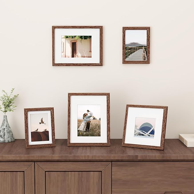 Fun Memories 5x7 Picture Frame, Solid Oak Wood 5 x 7 Frame with Plexiglass, 5 by 7 Photo Frame for Wall & Tabletop Display, 5x7 Picture Frame Matted to 4x6, Walnut Color, 1 Pack